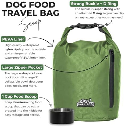 Callieco Dog Food Travel Bag w/ 1 Cup Scoop and Zipper Side Pocket | Waterproof Kibble Storage Container for Home, Road Trips, Camping, Boarding and More (Green, 32 Cups)