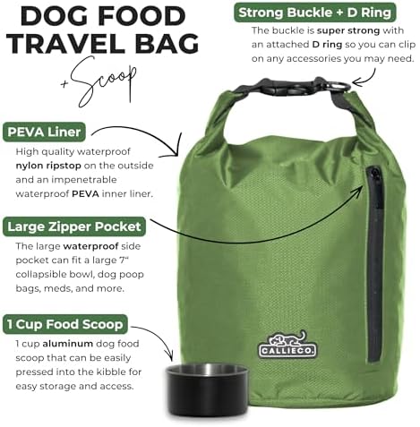 Callieco Dog Food Travel Bag w/ 1 Cup Scoop and Zipper Side Pocket | Waterproof Kibble Storage Container for Home, Road Trips, Camping, Boarding and More (Green, 64 Cups)