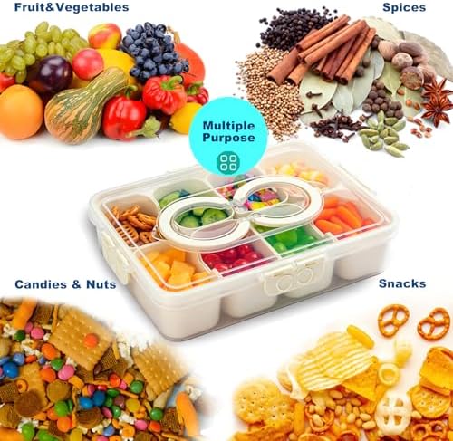 2-Pack Snackle Box Container,Divided Serving Tray with Lid and Handle,Large Snack Box Charcuterie Container,8-Compartment Portable Snack Platter Fruit Veggie Tray for Party Picnic