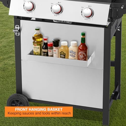 3-Burner Propane Gas Grill with Double-layer Lid, Stainless Steel Hanging Basket & Easy-to-Clean Design – 30,000 BTU BBQ Grill with 2 Folding Sides and Wheels for Outdoor Backyard Patio