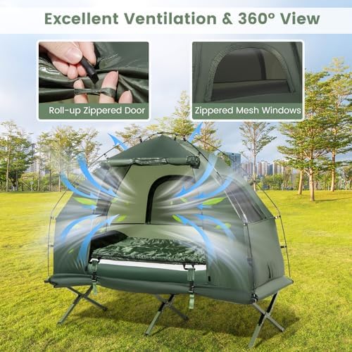 Goplus Camping Tent Cot, 5-in-1 Folding Camping Bed with Air Mattress, Pillow, Sleeping Bag, Waterproof Elevated Tent Shelter, Portable Outdoor Sleeping Cot with Carry Bag for Picnic, Trip