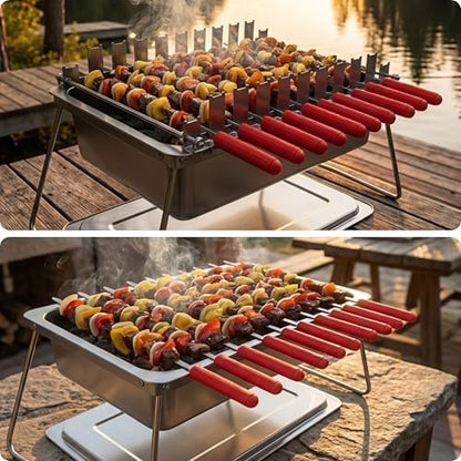 𝗖𝗵𝗮𝗿𝗰𝗼𝗮𝗹 𝗞𝗮𝗯𝗼𝗯 𝗚𝗿𝗶𝗹𝗹 by 𝗡𝗼𝗿𝘁𝗵 𝗚𝗿𝗶𝗹𝗹𝘀: precise heat control, silicone-handle square & flat skewers, charcoal starter tool, tongs, BBQ gloves, and storage & travel bags.