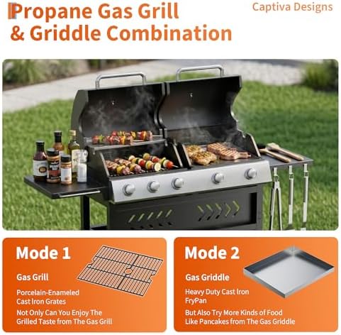 5-Burner Propane Gas Griddle – 40,000 BTU Convertible Flat Top Grill with Hood & Removable Cart – Portable for Camping, Tailgating, Backyard