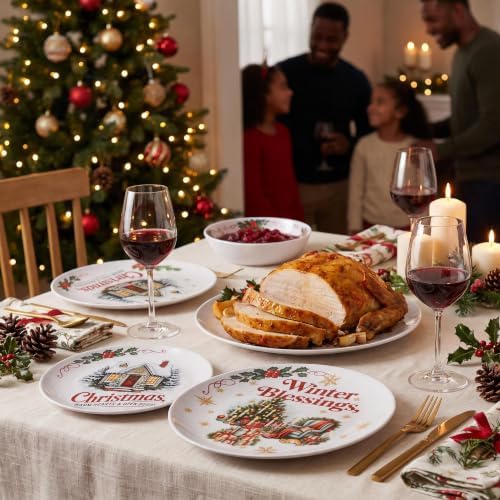 Vintage Christmas Dinnerware Set for 4, 12-Piece Melamine Dish Set