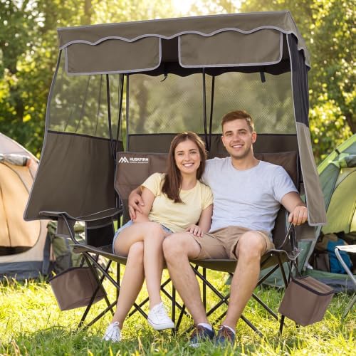 Padded Double Camping Chair With Canopy,Folding Chair Support 450LBS, Green