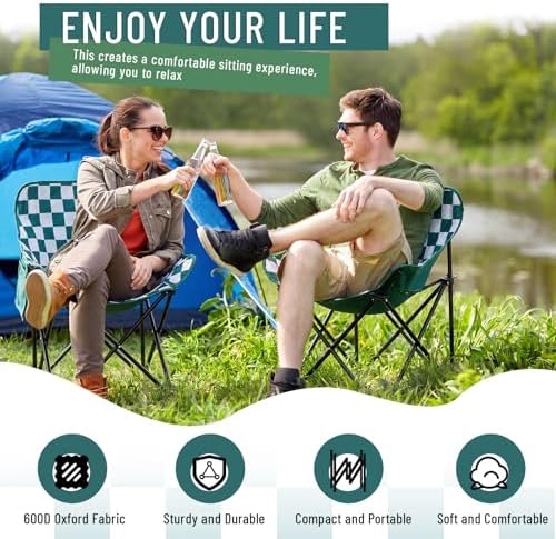 2 Pack Folding Camping Chairs Portable, Green,White, Chessboard