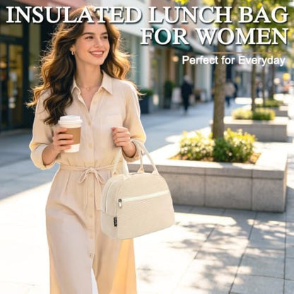 FlowFly Lunch Bag for Women Insulated Lunch Box Corduroy Lunch Tote Cooler for Travel Work Picnic,Corduroy Beige