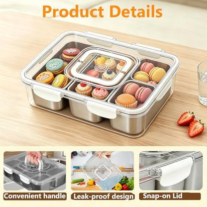 Snackle Box Container, Stainless Steel Divided Serving Tray with Lid and Handle, Large Snack Tray for Fruit Veggie Candy, 3-Compartment Snack Platter for Travel Party Beach Picnic