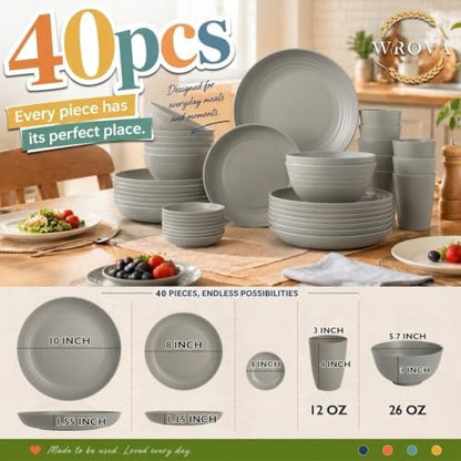 Wrova Modern Plates and Bowls Sets for 8, 40PCS Wheat Straw Dinnerware Sets