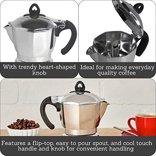 Imusa 6 Cup Stovetop Espresso Maker with Heart Shaped Knob, Silver (Pack of 2)