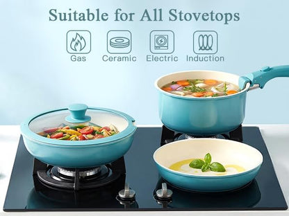 GIPP 5pcs Pots and Pans Set Non Stick, Nonstick Cookware Set Detachable Handle, Ceramic Pots for Cooking Non Stick with Removable Handle, RV Cookware Set for All Stoves, Light Blue Gradient