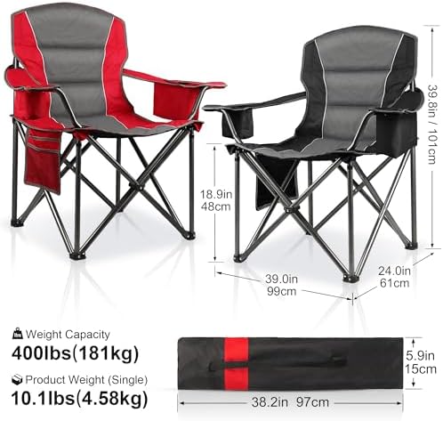 2 Pack Padded Oversized Camping Chairs for Adults,Heavy Duty Support 400 Lbs,Folding Portable Lawn Chair w/Cup Holder,Cooler Bag,Side Pocket,Perfect for Outdoor Picnic,Hiking(Red&Black)