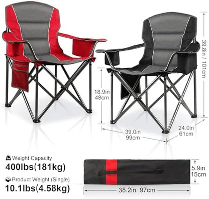 2 Pack Padded Oversized Camping Chairs for Adults,Heavy Duty Support 400 Lbs,Folding Portable Lawn Chair w/Cup Holder,Cooler Bag,Side Pocket,Perfect for Outdoor Picnic,Hiking(Red&Black)