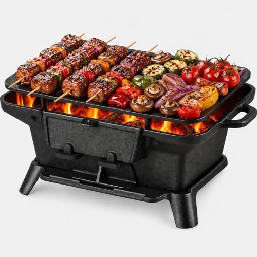 Hibachi Grill Outdoor, Portable Mini Charcoal Grill, Pre-Seasoned Cast Iron, Small Japanese Yakitori Tabletop Skillet Grill Stove for Outdoor Camping
