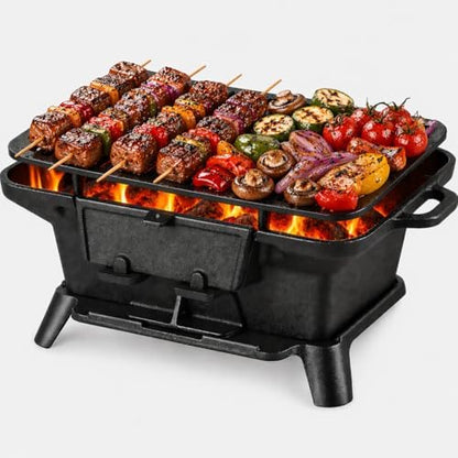 Hibachi Grill Outdoor, Portable Mini Charcoal Grill, Pre-Seasoned Cast Iron, Small Japanese Yakitori Tabletop Skillet Grill Stove for Outdoor Camping