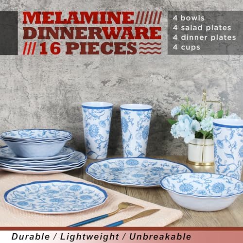 Melamine Dinnerware Set for 4-16 Pcs:Camping Dishes Set with Dinner Plates,Salad Plates,Cups and Bowls.Lightweight and Unbreakable.Indoor and Outdoor Use.