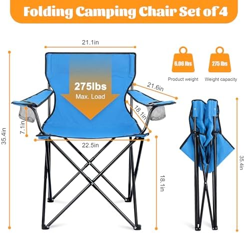HaSteeL Camping Chairs, 4Pcs Oversized Folding Lawn Chairs for Adults