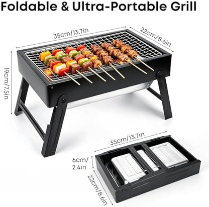 Portable Folding Charcoal Grills, 13.7“x8.7"7.5" Small Camping Campfire Grill, Barbecue Grill for Outdoor Travel Backyard Picnic Beach, with 8-Piece BBQ Accessories