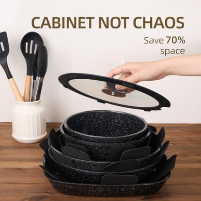 BECIGAR 24pcs Ceramic Pots and Pans Set, Nonstick Detachable Handle Cookware, Induction Kitchen Cooking Set with Removable Handle,include Frying Pans & Saucepans Oven Safe (Black)