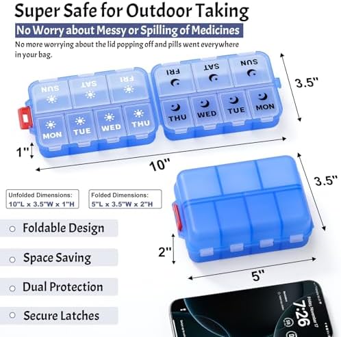 Foldable Portable 7 Day Pill Organizer 2 Times a Day, AM PM Weekly Pill Box