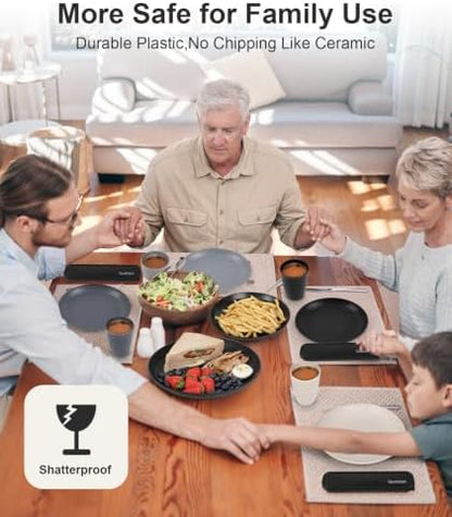 Quatish 16 Pcs Plates and Bowls Sets, Plastic Dinnerware Sets for 4, Grey