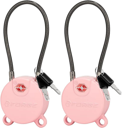 Forge TSA Approved Luggage Locks Ultra-Secure Dimple Key Cable Locks for Travel with Zinc Alloy Body- 2 Pink Locks