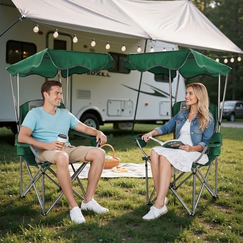 Northroad Folding Camping Chairs with Canopy Shade, Beach Chair w/Cup Holders, Armrests & Carry Bag for Outdoors Travel Sports Fishing, Green