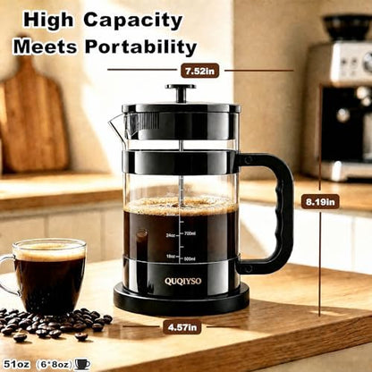 QUQIYSO French Press Coffee Maker 51oz, Large French Press, Thickened Glass