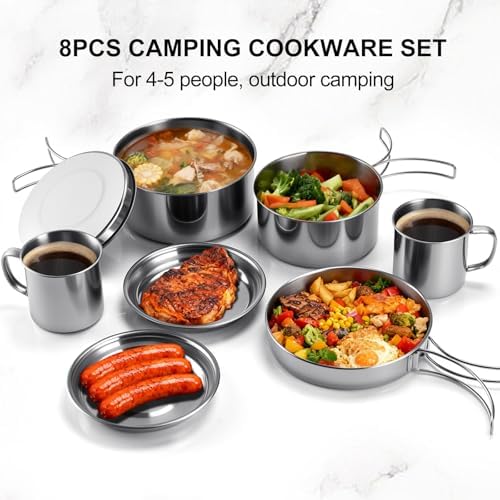 Stainless Steel Camping Cookware Mess Kit - Portable Backpacking Cooking Set with Pot/Plates/Cups & Storage Bag, Outdoor Cookware for Hiking, Picnic, Camping & Backpacking Adventures（8PCS）