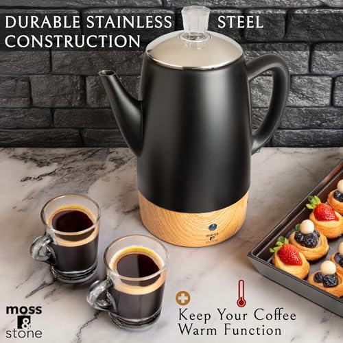Moss & Stone 10 Cup Black Electric Percolator Coffee Pot, Stainless Steel