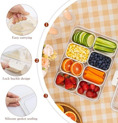 WACOI Divided Snack Serving Tray with Lid and Handle Travel Snackle Charcuterie Container Portable Storage Organizer for Candy, Fruits, Nuts, Snacks, Party, Picnic 2 Packs White