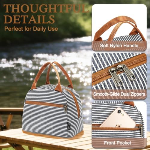 FlowFly Insulated Lunch Cooler Bag - Tote Bag Organizer for Women/Men, White&Black Stripe