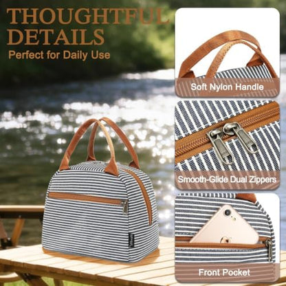 FlowFly Insulated Lunch Cooler Bag - Tote Bag Organizer for Women/Men, White&Black Stripe