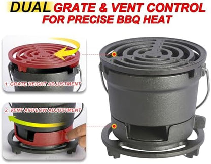 2-in-1 Hibachi Grill & S'mores Maker, 100% Pre-Seasoned Cast Iron, 6.5" Mini Small Portable Charcoal BBQ Grill for Outdoor Camping - 2 Heights, Draft Door