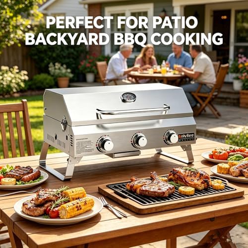 ONLYFIRE GRILLS Tabletop Gas Grill 3-Burner, Portable Propane BBQ Grill