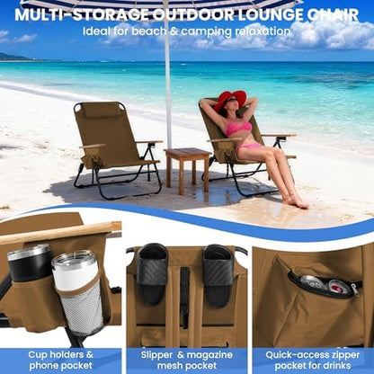 2 Pack Premium 5-Position Reclining Camping Chair - Portable Folding Lightweight Outdoor Chair with Wooden Armrests, Headrest & Pockets, 350lbs Heavy Duty for Beach, Patio, Backyard, Brown