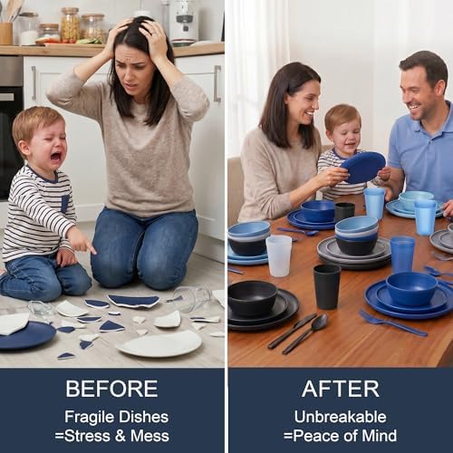 56 Piece Dinnerware Set for 8, Unbreakable Plates and Bowls Set