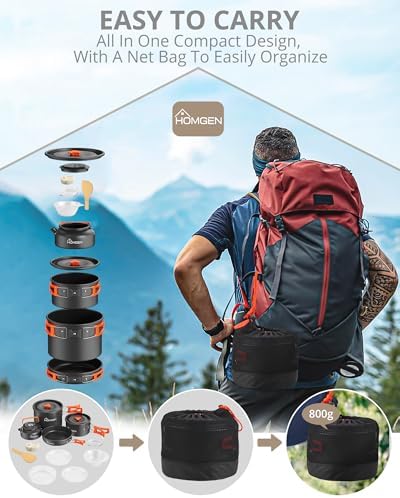 HOMGEN Portable Ultralight Anodized Aluminum Camping Cookware Set - Nesting Camping Pot and Pan-800ml Insulated Teapot-Carrying Bag-for Camping Hiking Picnic RV Trip