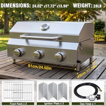Bestfire 3-Burner Tabletop Gas Grill, 30,000 BTU Portable Propane Grill, Heavy-Duty Thickened Stainless Steel Grates & Knobs, Compact & Detachable Legs for Camping, RV&BBQ