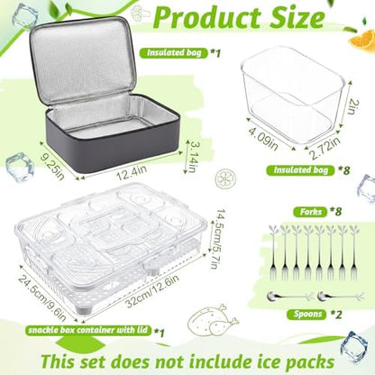 Snackle Box Container Food Grade Clear Plastic, Insulated Cooler Bag, 8 Removable Cups, Divided Serving Tray with Lid Handle Forks Spoons for Picnic Beach Road Trip Party, Ice Pack Not Included