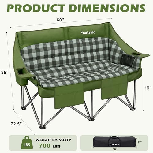 Youtanic 60" Extra Double Camping Chair for Adults, 700lbs Padded Loveseat