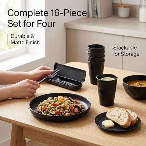 Luocute Dinnerware Set for 4, 12 Pieces Reusable Plates and Bowls Sets Microwave and Dishwasher Safe, with Cutlery Set, for Travel Camping Kitchen