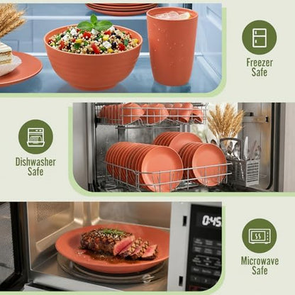 Wheat Straw Dinnerware Sets for 8, 40 Piece Unbreakable Dinnerware Set, Plates and Bowls Sets, Kitchen Plates and Bowls Set, Lightweight Dish Set for Home, Camping, and Everyday Use- Orange