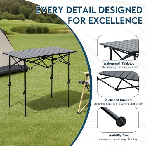 LOFTEY Aluminum Folding Camping Table, Height Adjustable Roll Up Table