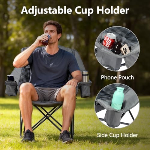Oversized Camping Chair for Adults, Portable Camping Chairs with Phone Pouch and Side Cup Holder, Heavy Duty Padded Outdoor Chairs for Camping, Fishing, Beach, Sports, Supports 500lbs 1 Pack