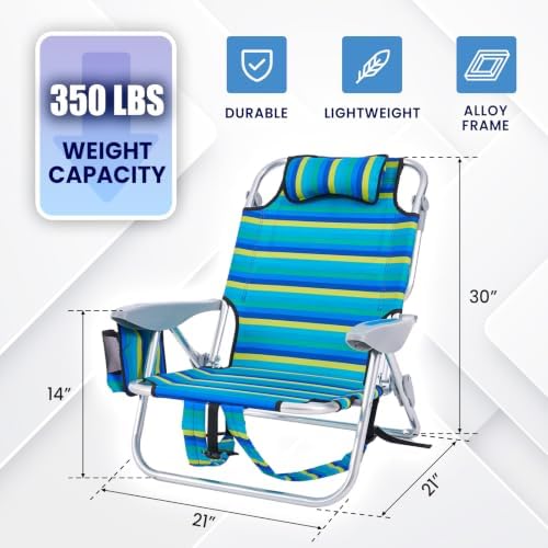 2 Pack Lightweight Portable Camping Beach Chair for Adults, Outdoor Lay Flat Folding Beach Chairs with 5 Positions, Backpack Beach Chair with Towel Bar, Zipper Pouch, Cup Holder, NEW Striped