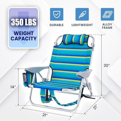 2 Pack Lightweight Portable Camping Beach Chair for Adults, Outdoor Lay Flat Folding Beach Chairs with 5 Positions, Backpack Beach Chair with Towel Bar, Zipper Pouch, Cup Holder, NEW Striped
