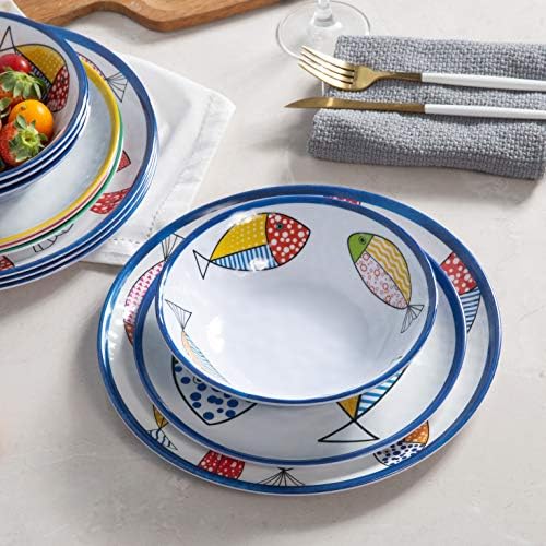 Melamine Dinnerware Set for 4,12PCS Fish Plates and Bowls Sets
