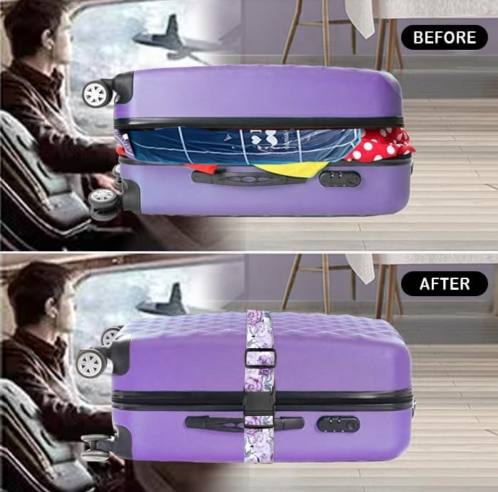 Luggage Straps for Suitcases Travel Belt Accessories, Cute Suitcase Strap, Adjustable Luggage Belt Strap, Heavy Duty with Quick-Release Buckle Luggage Strap Cute Purple Flowers