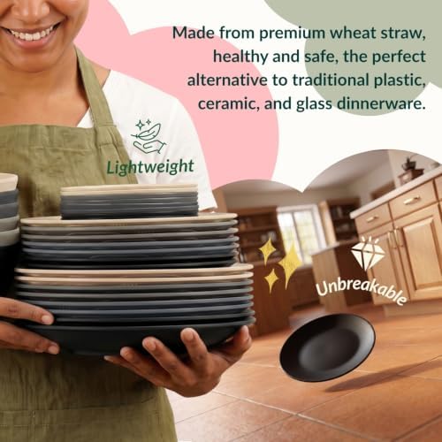 Homienly 40 PCS Wheat Straw Dinnerware Sets Dishes Set for 8 Unbreakable Plates and Bowls Sets for Kitchen Dishwasher and Microwave Safe Plate Set Camping, Apartment, Kids-Grey Stone